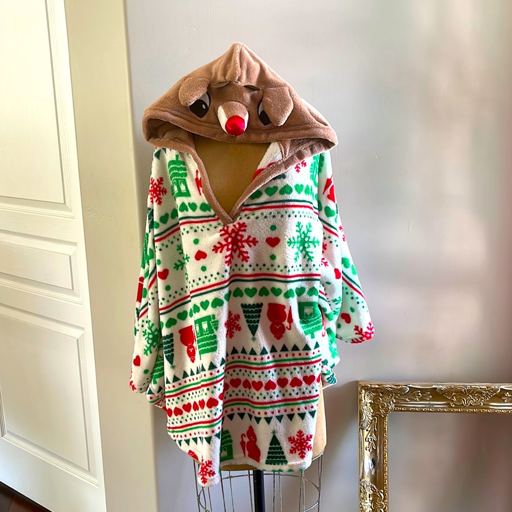 Christmas Poncho with Reindeer Hood
